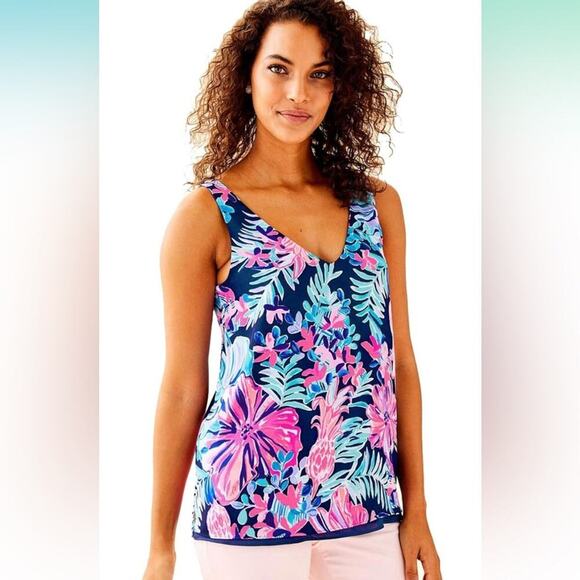 Lilly Pulitzer Florin Sleeveless V-Neck Tanzanian Florin Moonlight Garden XS - Picture 1 of 7